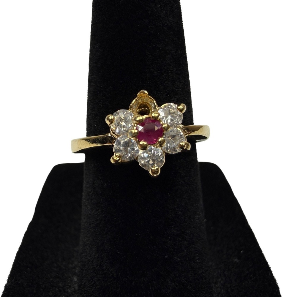 Gold Tone Flower Red Ruby Cluster Ring Simulant Clear Glass Stones Jewelry Sz 5